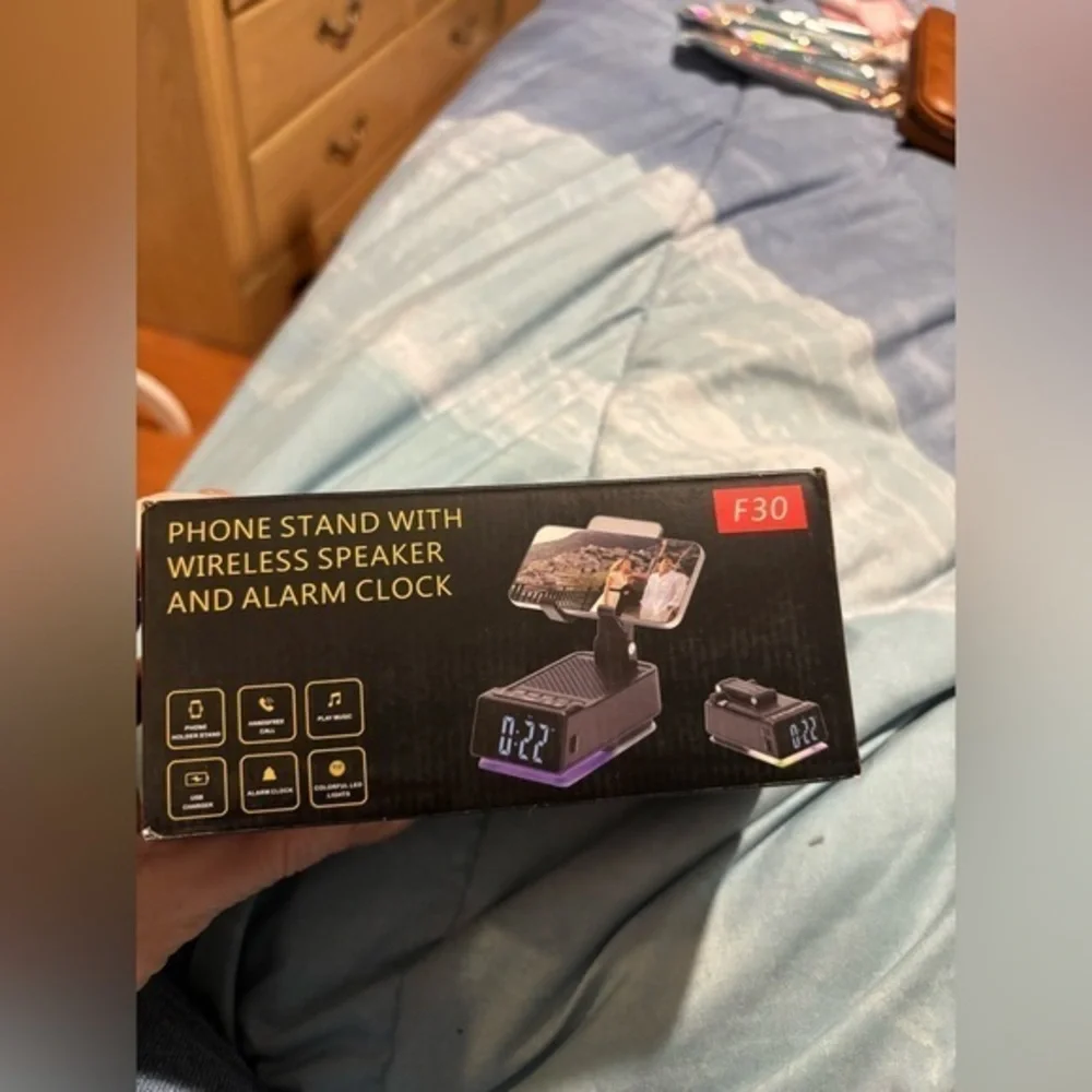 F30 Black Phone Stand with Wireless Speaker and Alarm Clock